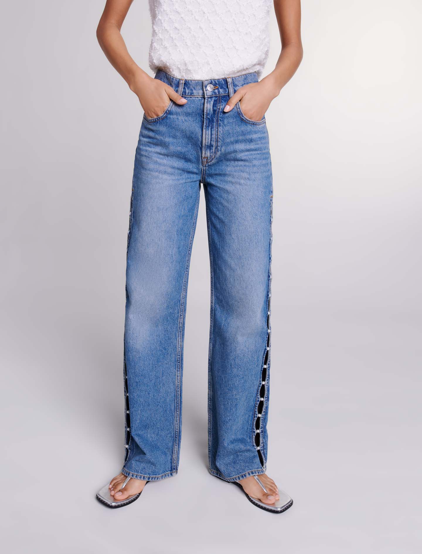 Beaded Cutaway Jeans - Blue