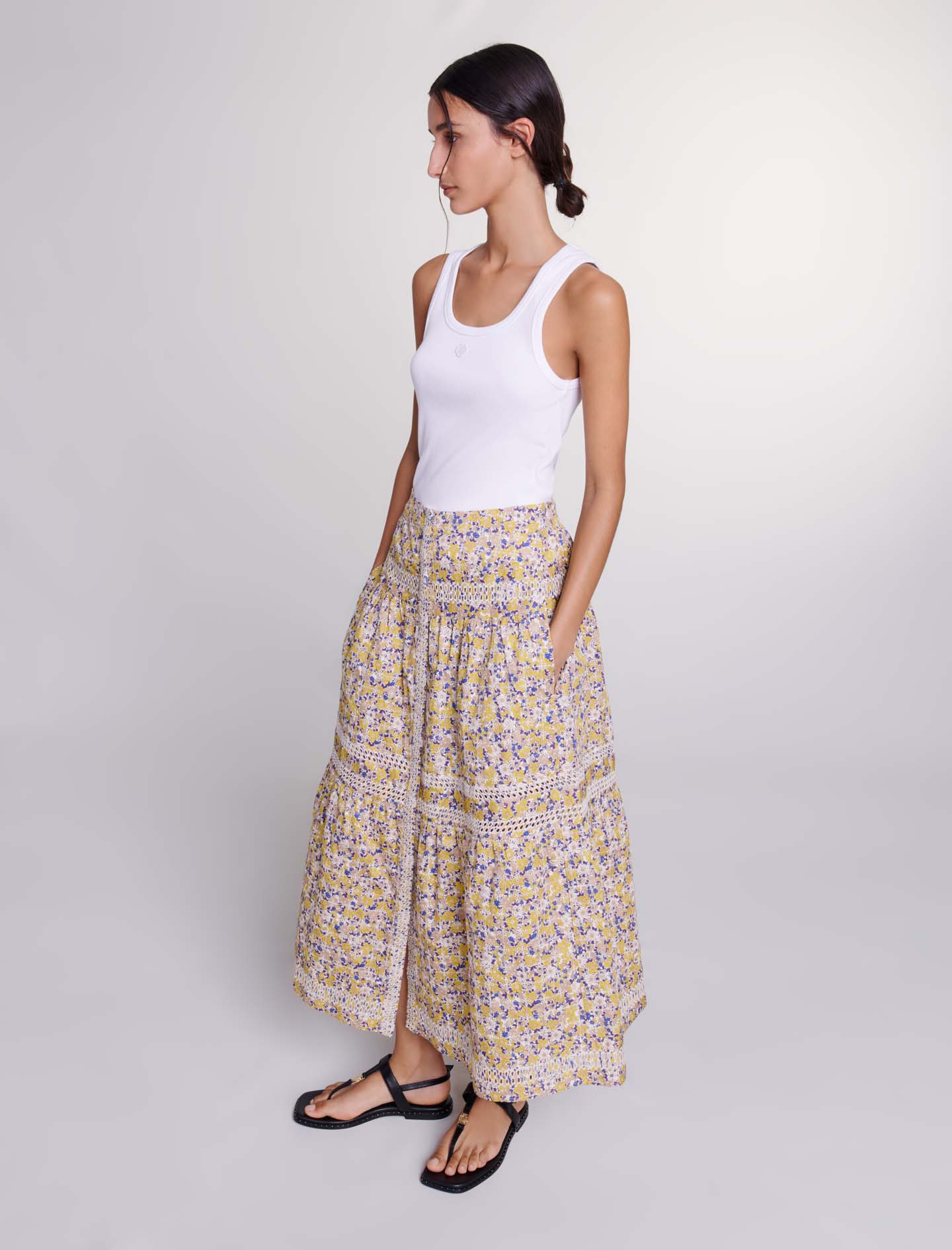 Long Floral Embroidered Skirt - Beige
