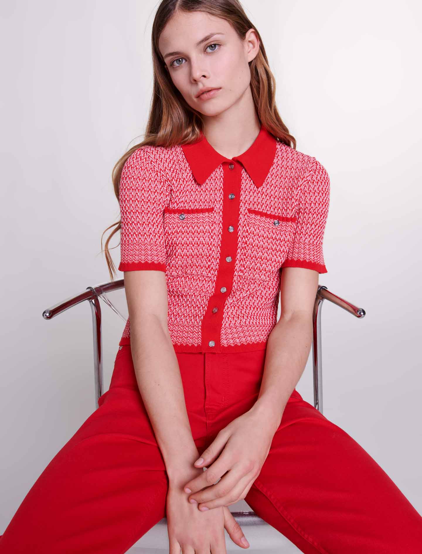 Cropped herringbone polo shirt - Red