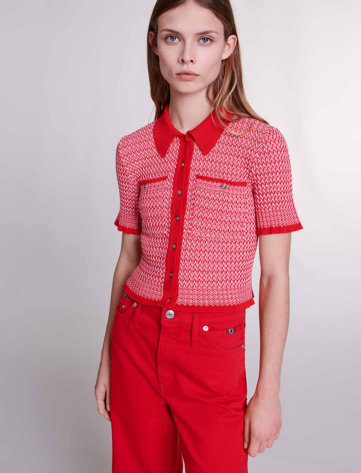 Cropped herringbone polo shirt - Red