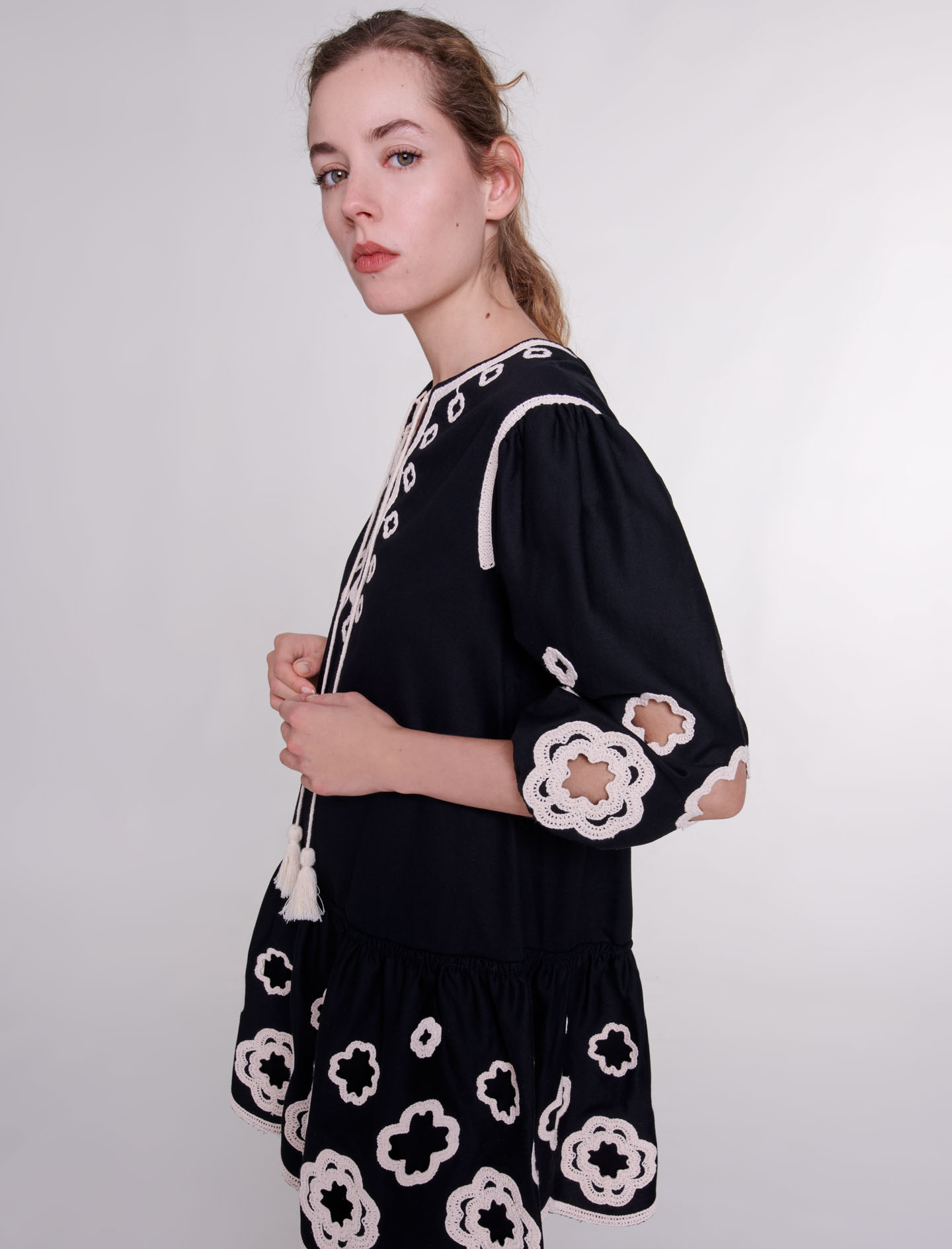 Short embroidered tunic dress - Black