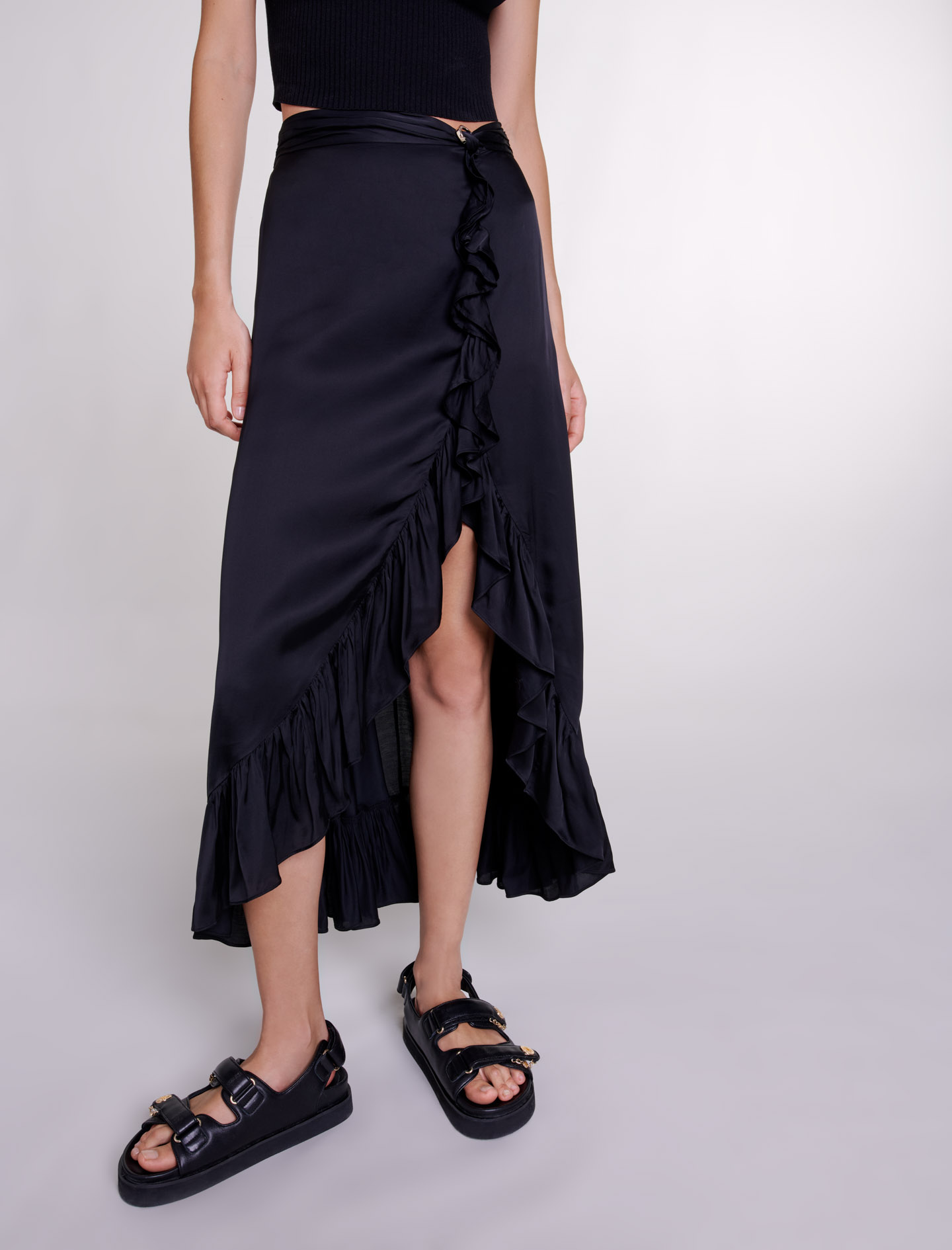 Long satin effect ruffled skirt - Black