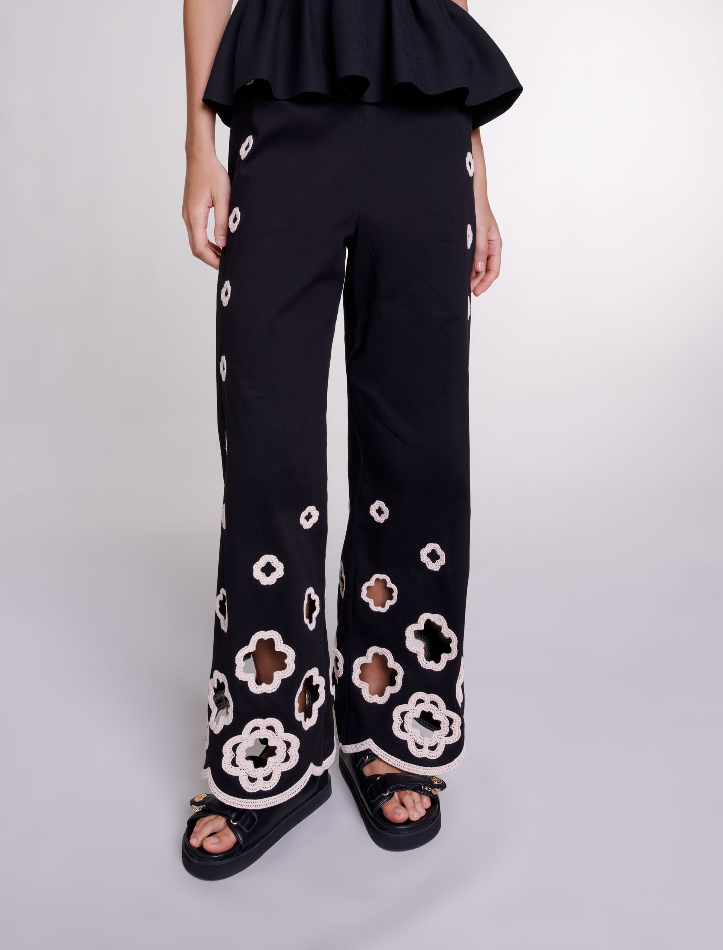 Wide leg crochet trousers - Black