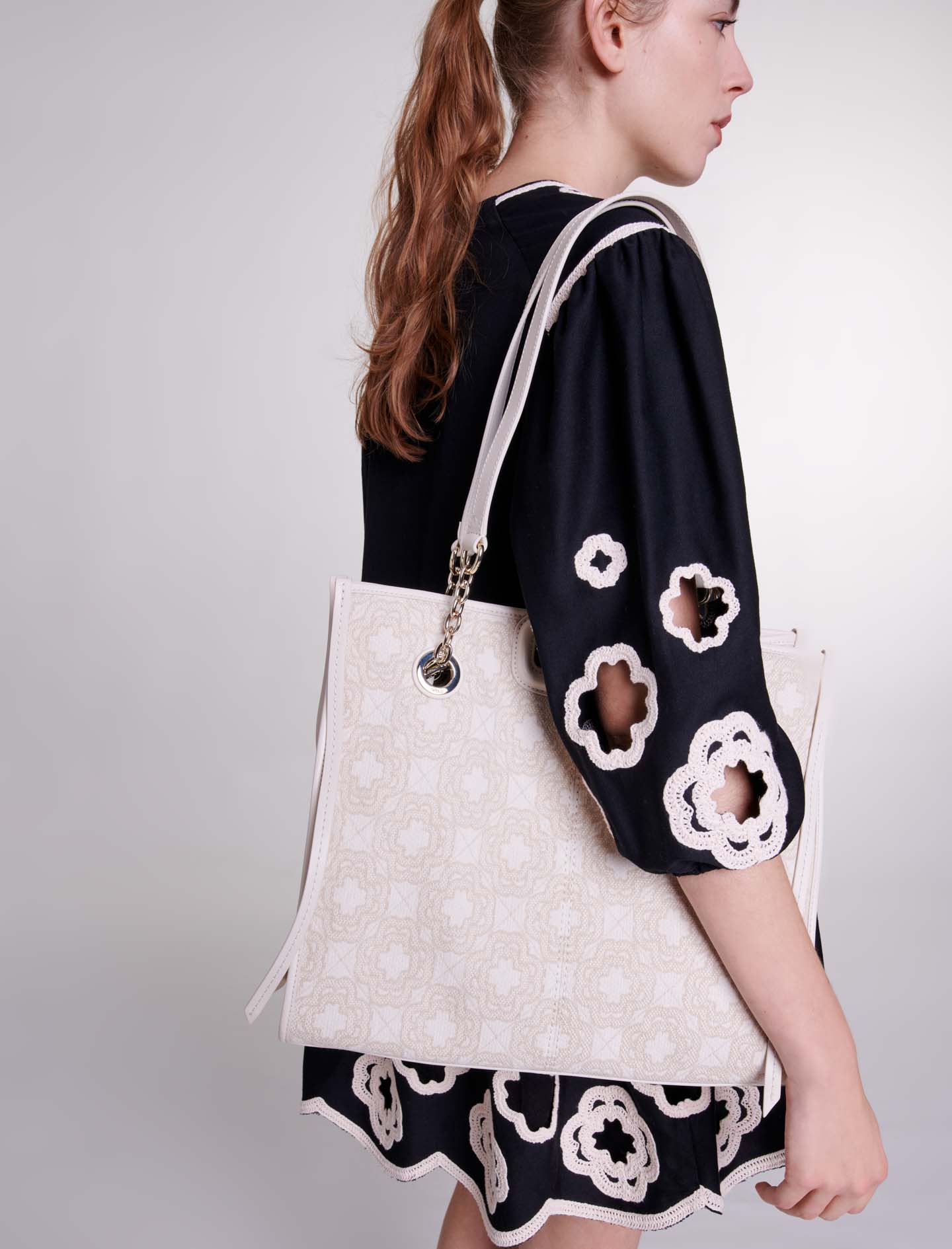 Clover print canvas shopping bag - White