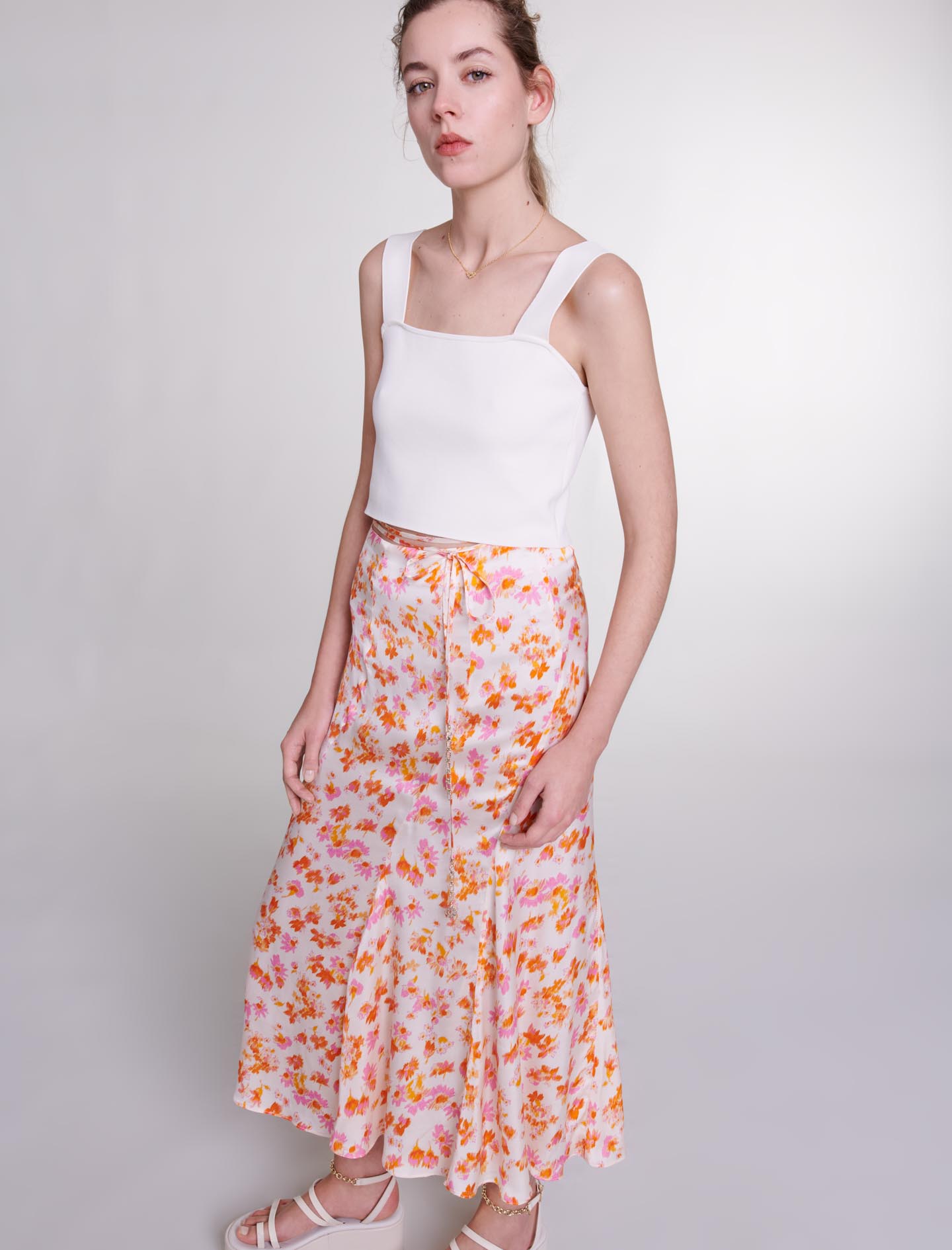 Satin effect floral skirt - Orange