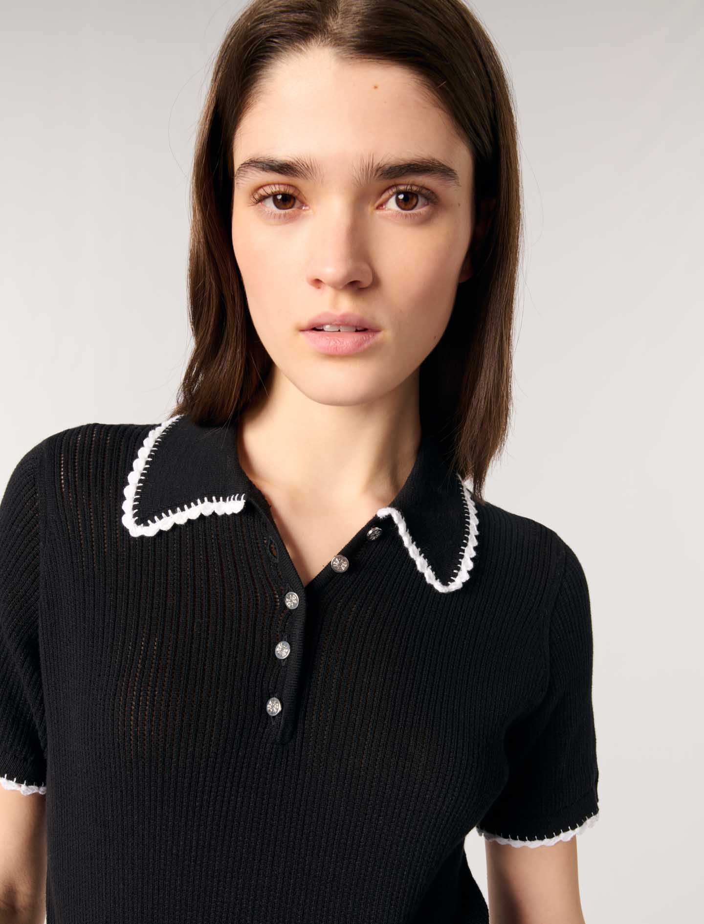 Pointelle knit polo shirt - Black