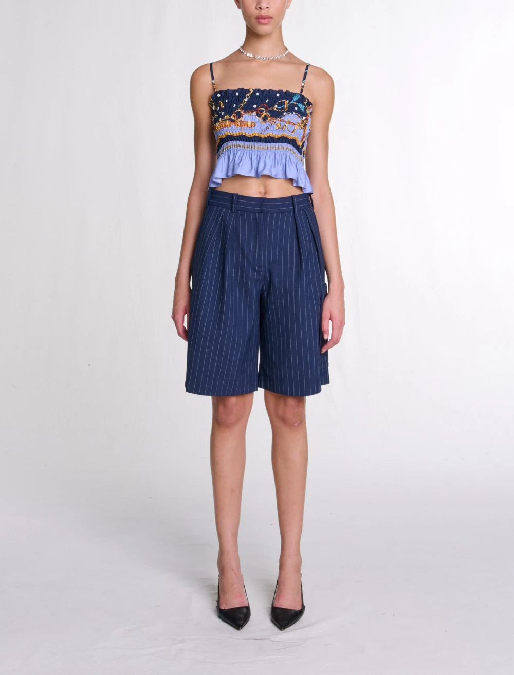 Printed smocked crop top - Blue