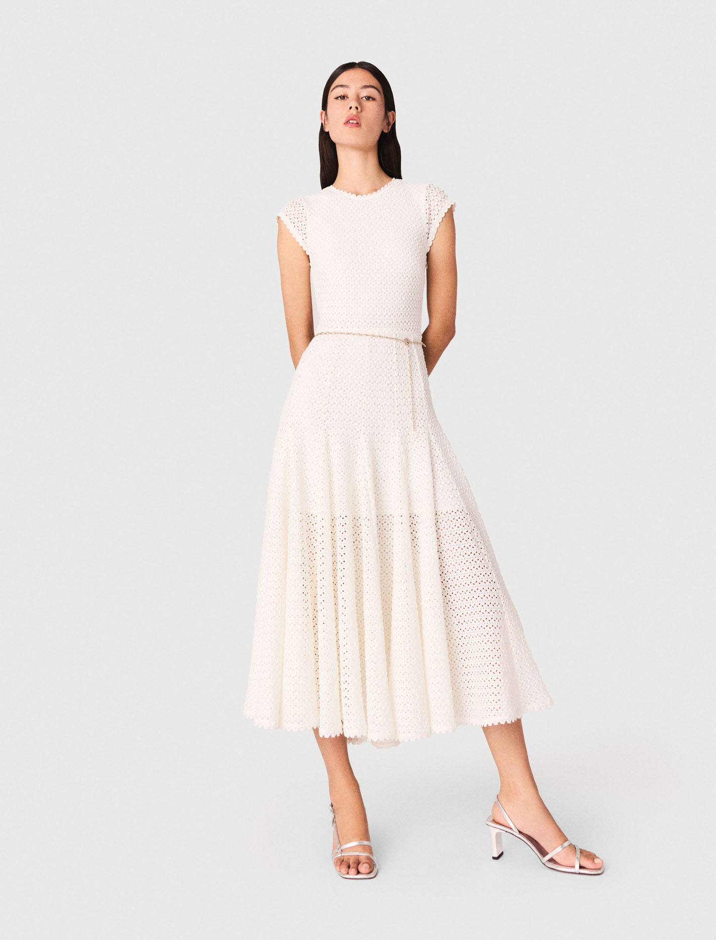 Sleeveless rochet knit maxi dress - White