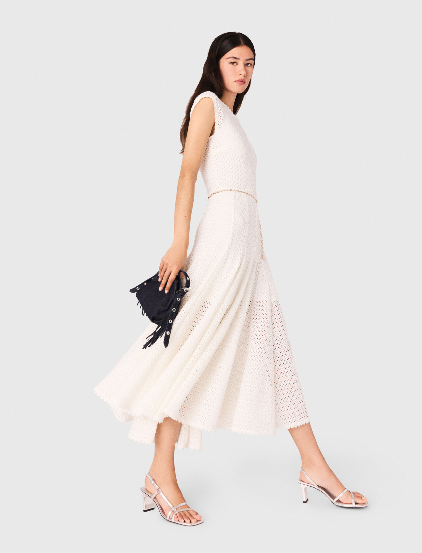 Sleeveless rochet knit maxi dress - White
