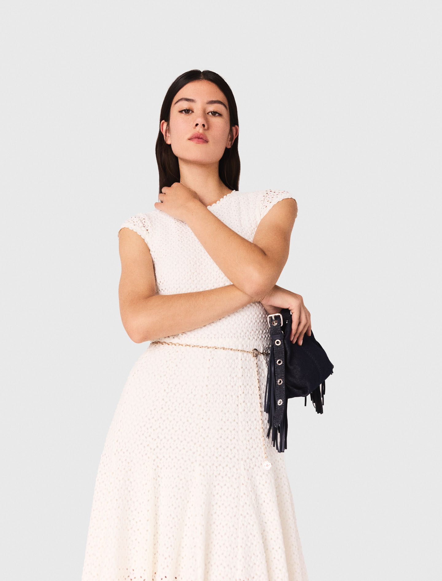 Sleeveless rochet knit maxi dress - White