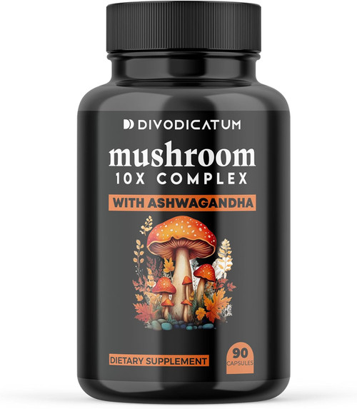 Divodicatum Organic Mushroom Complex Supplement with Ashwagandha. Lion’s Mane, Reishi, Cordyceps, Chaga, Turkey Tail & More - Focus, Energy, and Brain Booster (90 Count)