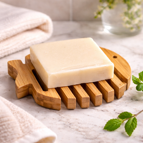 Hemu wood fish shaped soap dish with a bar of soap on top, designed to allow water to drain and help the soap dry between uses