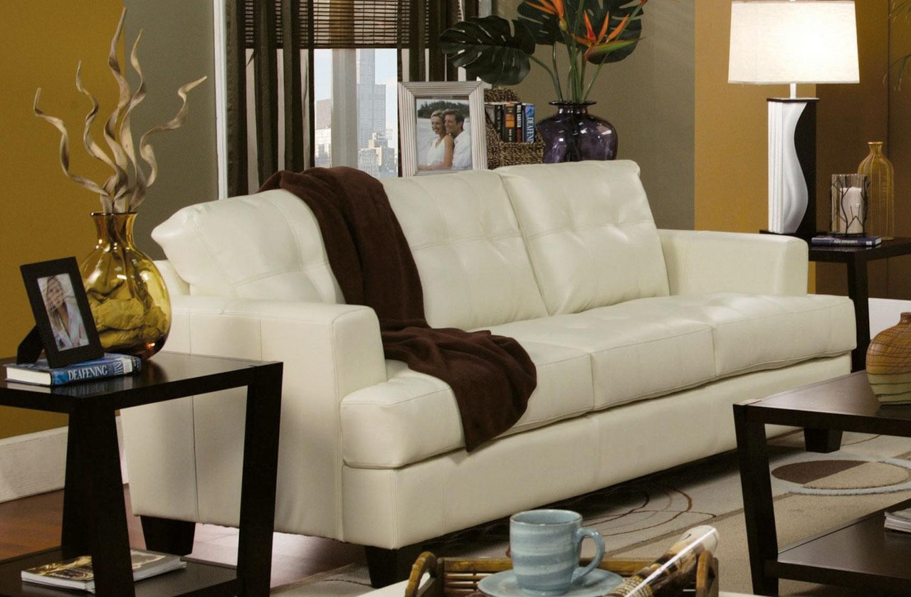 Coaster Samuel Contemporary Leather Sofa in Cream DealBeds