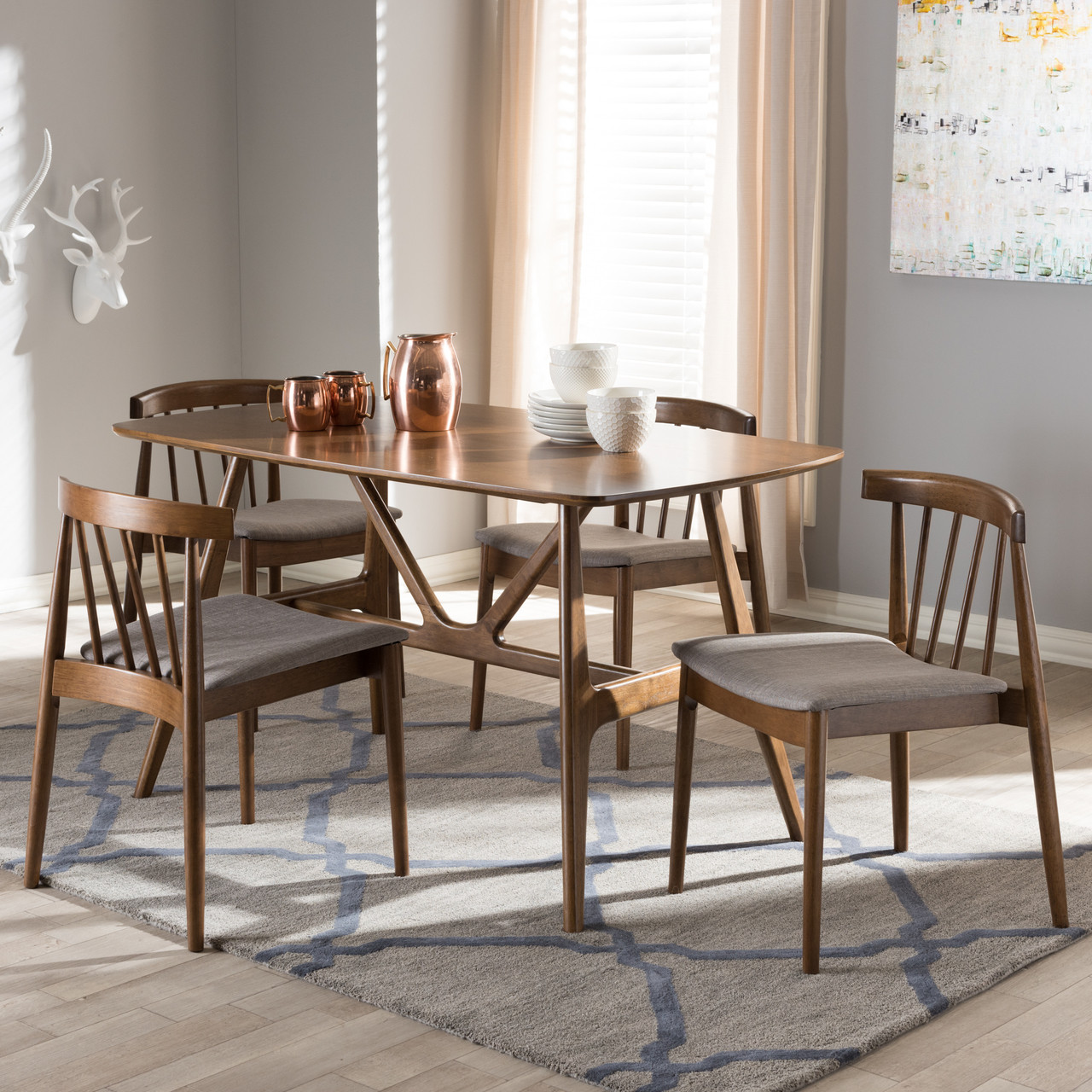 Baxton Studio Wyatt Mid-Century Modern Walnut Wood 5-Piece Dining