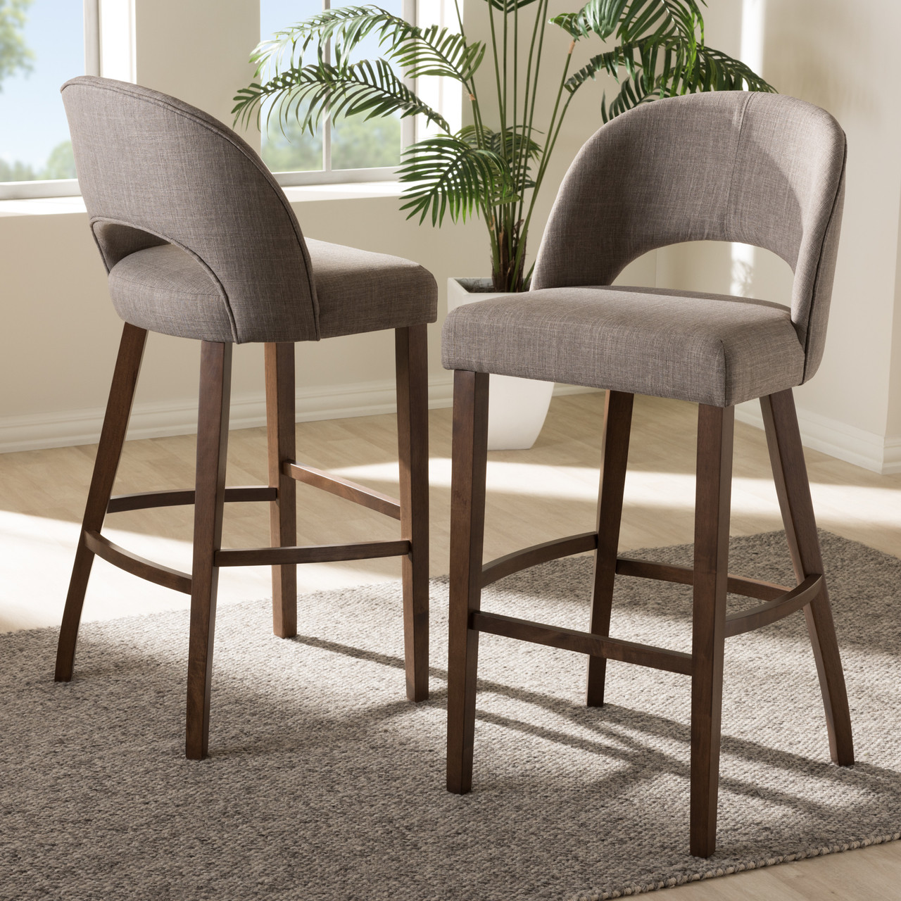 Baxton Studio Melrose Mid Century Modern Light Grey Fabric Upholstered Walnut Finished Wood Bar Stool Set