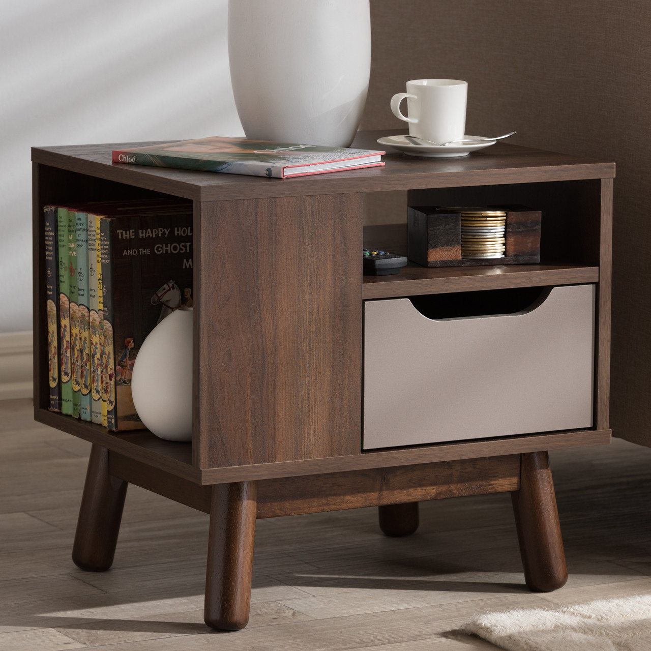 Baxton Studio Britta Mid Century Modern Walnut Brown and Grey Two