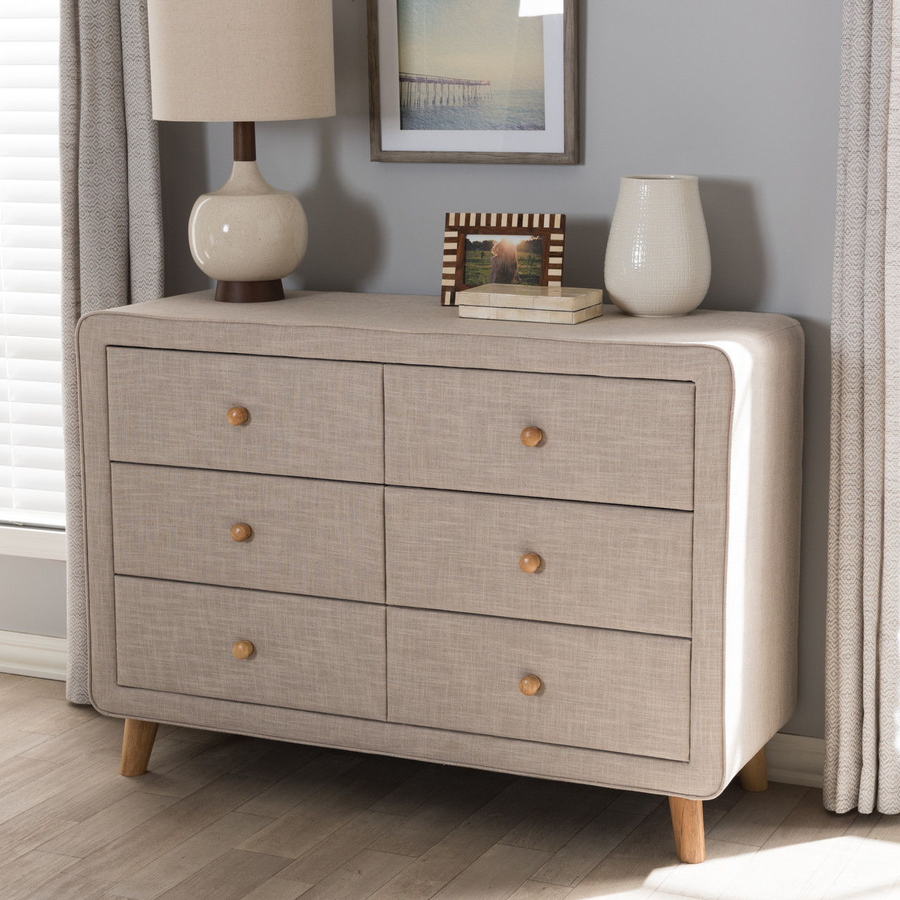 draw drawers バックオープンTシャツ ベージュ Baxton Studio Jonesy Mid-Century Beige Linen Upholstered 6-Drawer