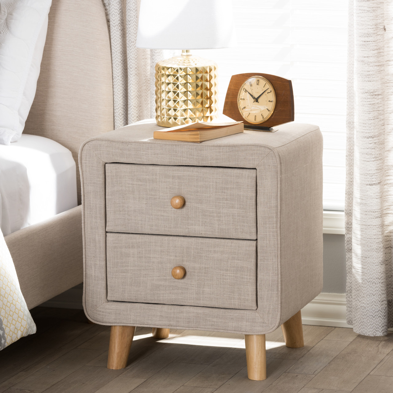 Baxton Studio Jonesy Mid-Century Beige Linen Upholstered 2-Drawer Nightstand