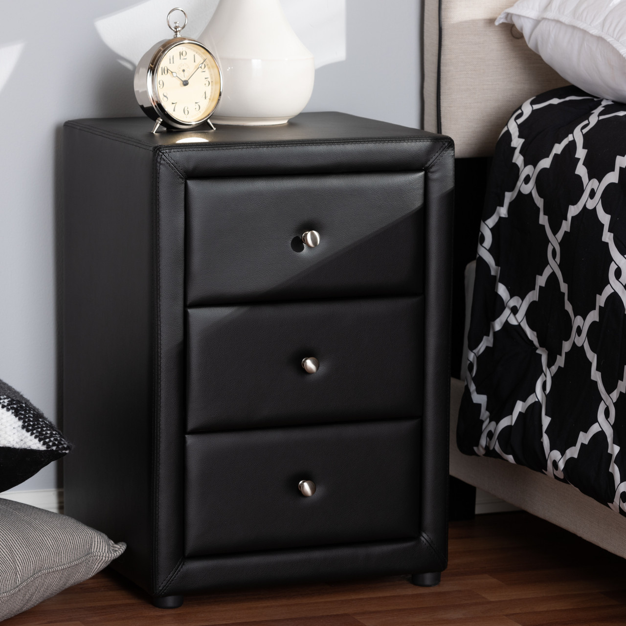 Baxton Studio Tessa Modern and Contemporary Black Faux Leather Upholstered  3-Drawer Nightstand - DealBeds.com
