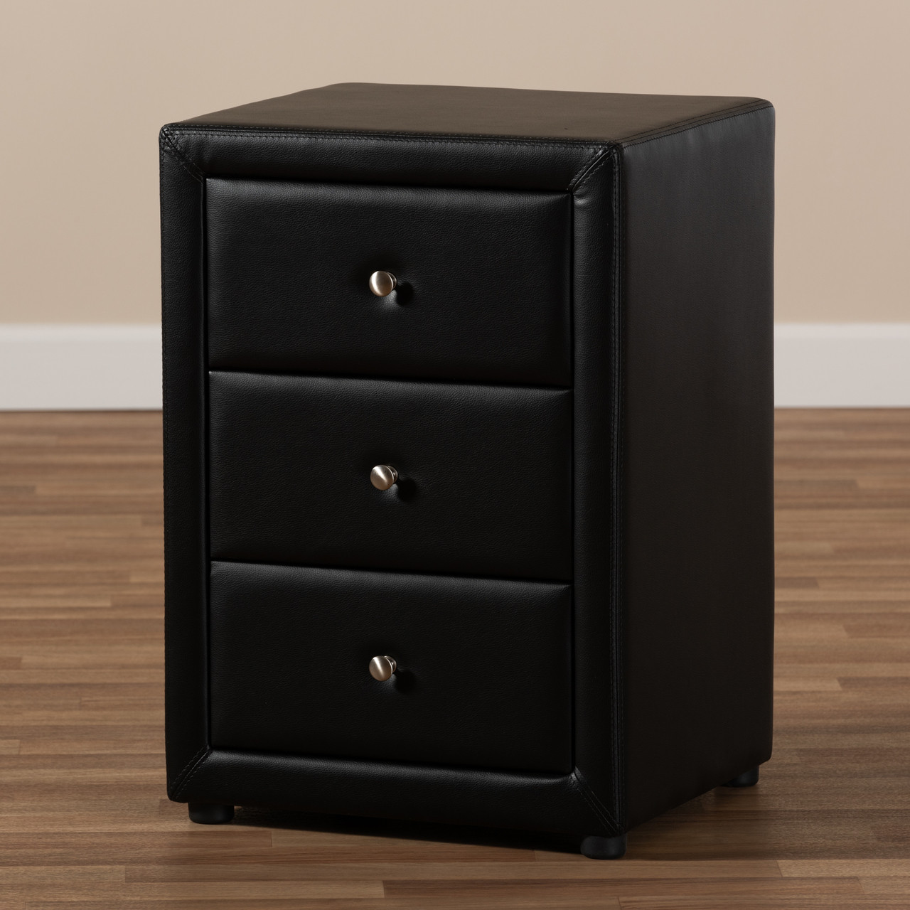 Baxton Studio Tessa Modern and Contemporary Black Faux Leather Upholstered  3-Drawer Nightstand - DealBeds.com