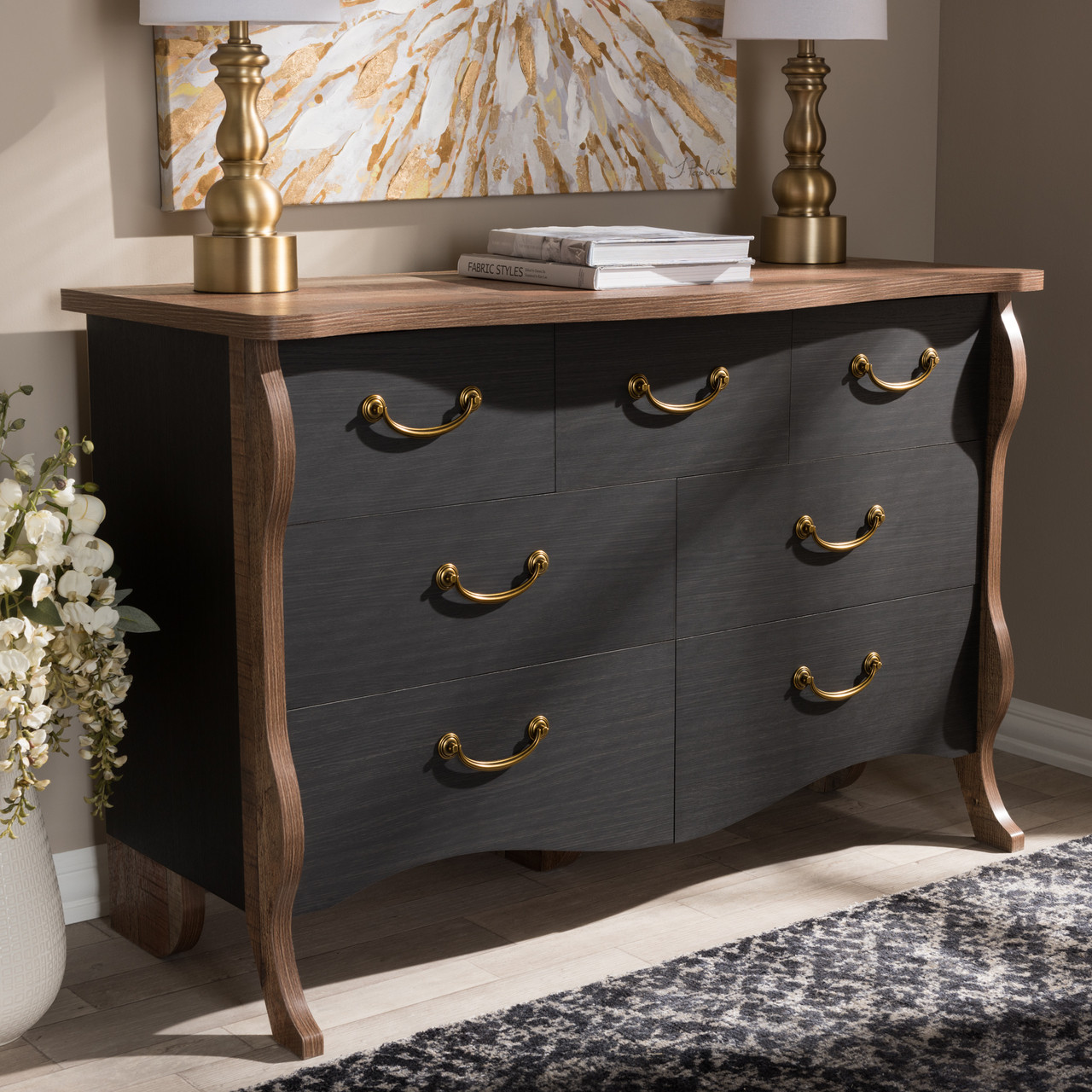 farmhouse brown dresser Mid Century Modern Dresser Farmhouse Wooden Storage Cabinet with 6 Dra –  GiraTree main image 1