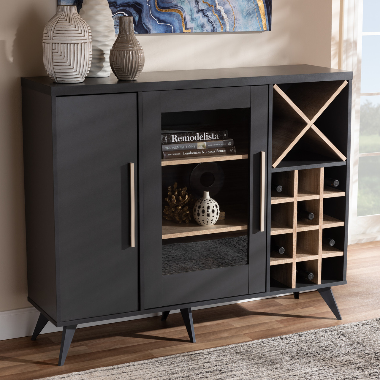 Baxton Studio Pietro Mid Century Modern Dark Grey and Oak Finished