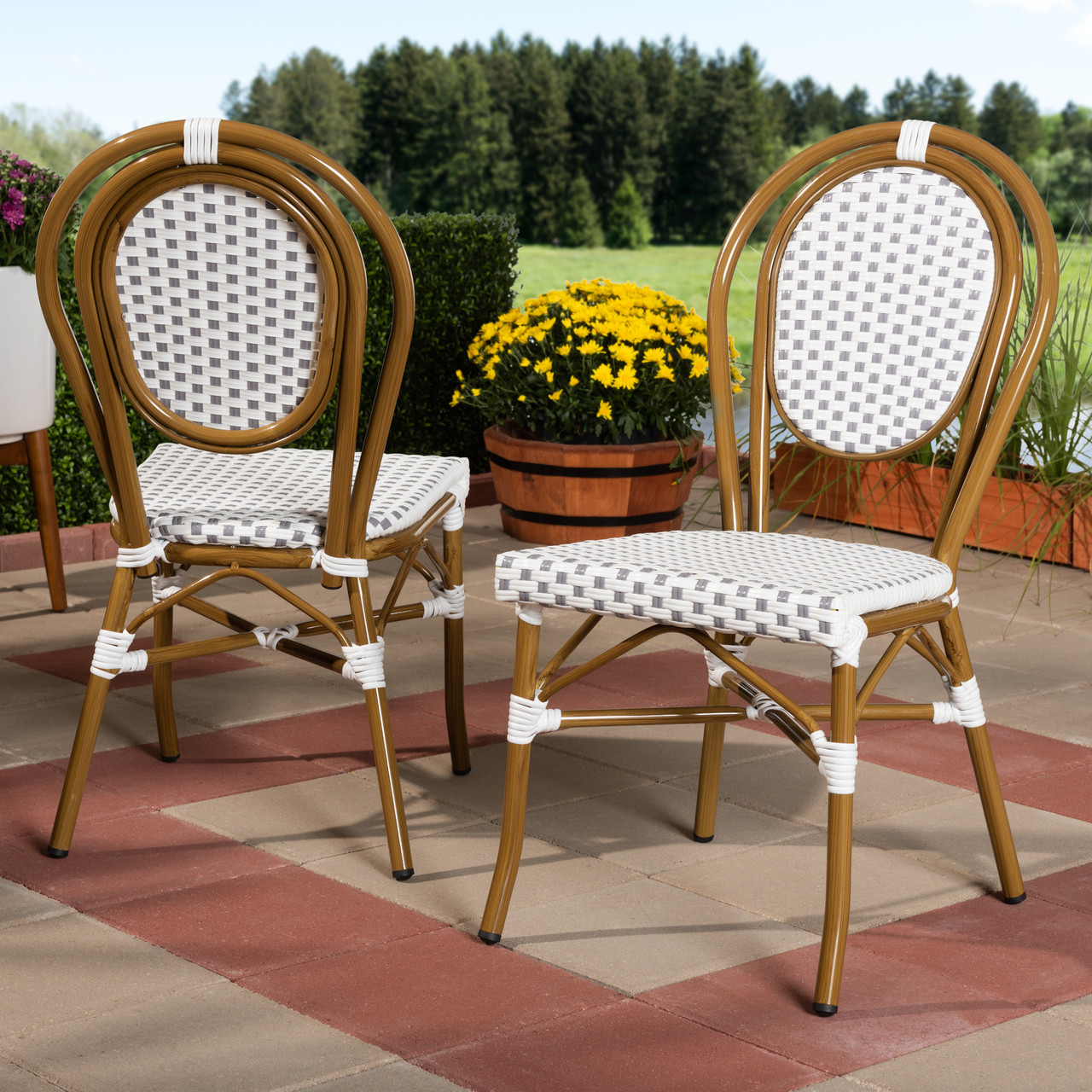 Baxton Studio Gauthier Classic French Indoor and Outdoor Grey and White Bamboo Style Stackable Bistro Dining Chair Set