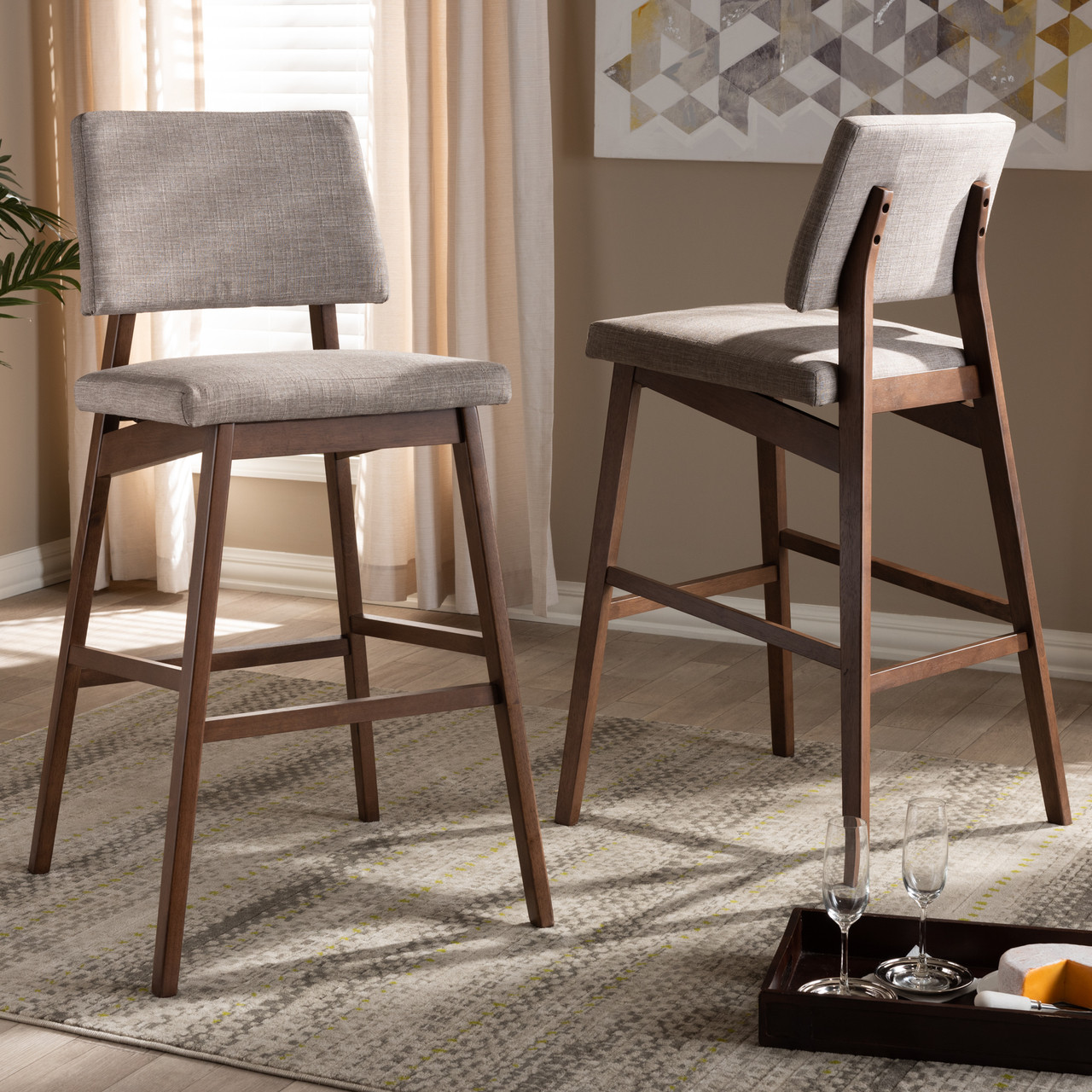 Baxton Studio Colton Mid Century Modern Light Gray Fabric Upholstered And Walnut Finished Wood Bar Stool Set Dealbeds Com