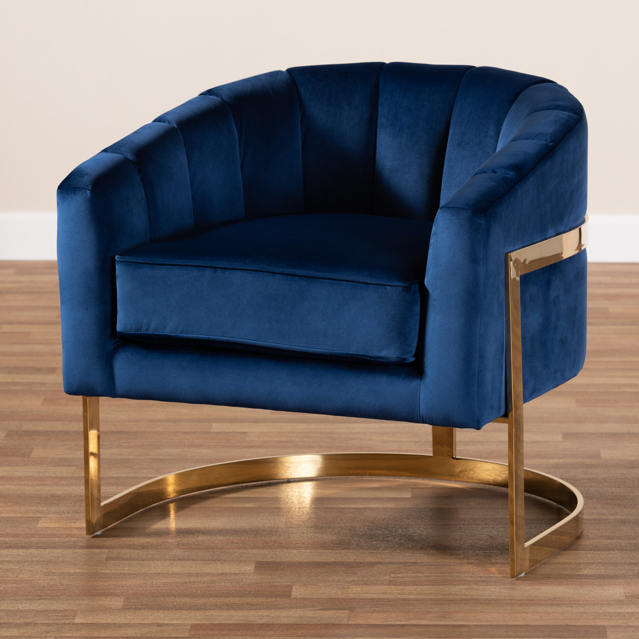 Royal Blue Velvet Channel Tufted Chair Gold Legs
