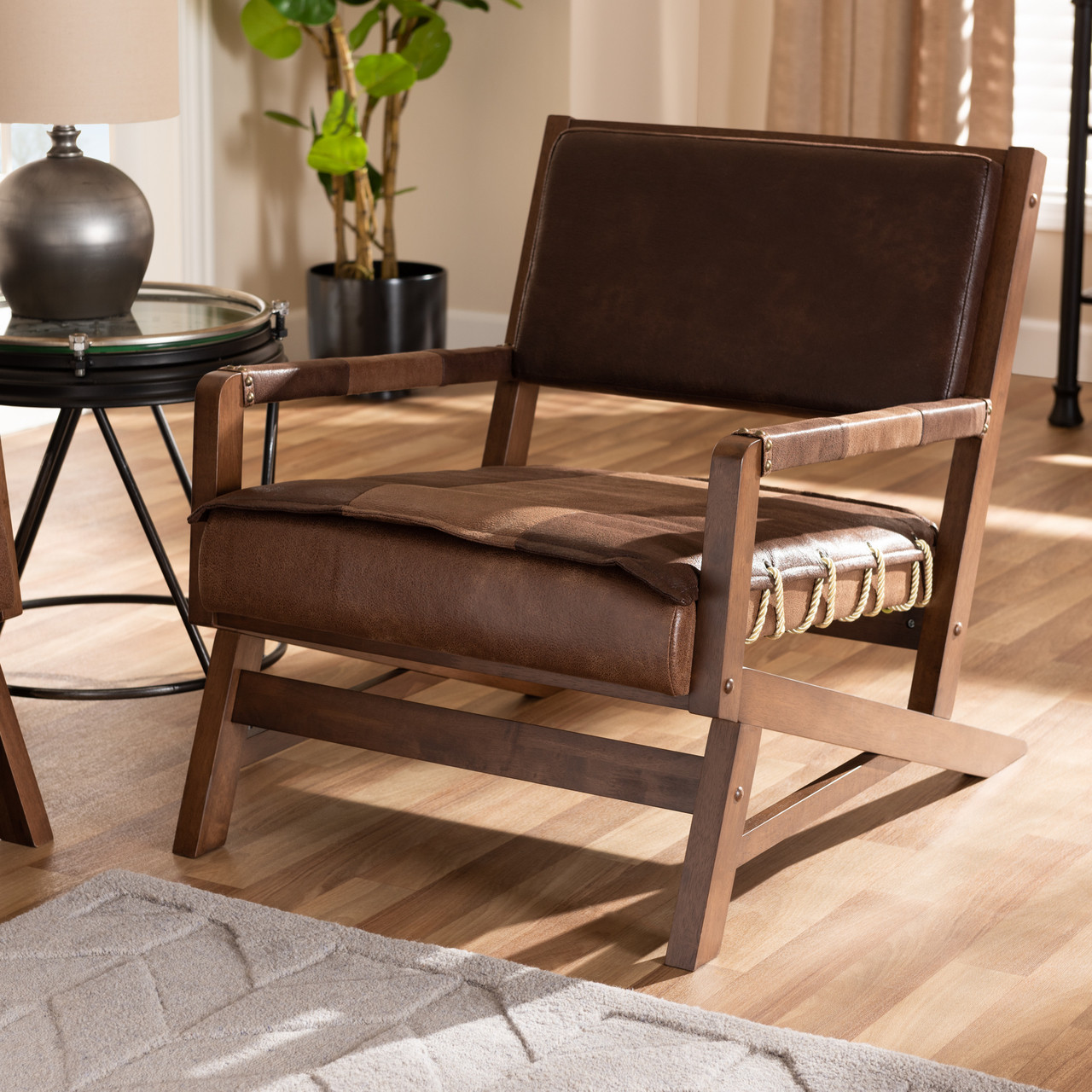 ブラウン 木製 スラットバックチェア(A) フランスベッド製 Baxton Studio Rovelyn Rustic Brown Faux Leather Upholstered Walnut