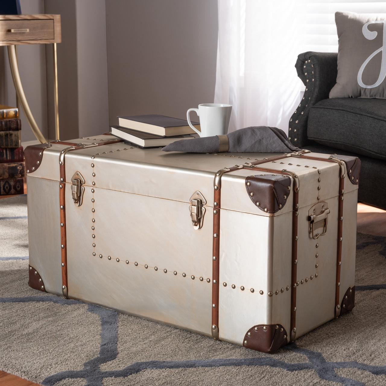 Baxton Studio Bechet French Industrial Silver Metal Storage Trunk