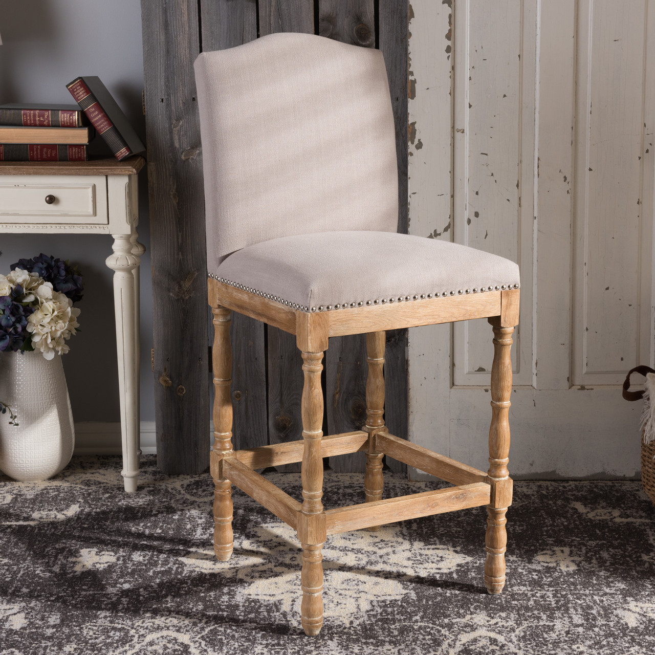 Baxton Studio Julie French Vintage Cottage Weathered Oak Beige Fabric Upholstered Barstool Bar Furniture TSF-9346 main image 0