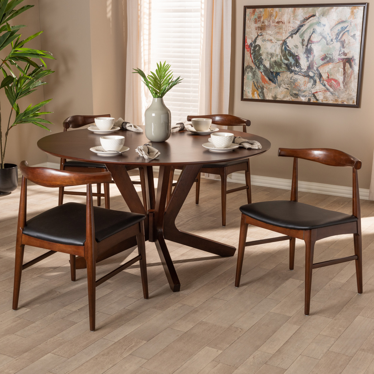 Baxton Studio Eline Mid-Century Modern Black Faux Leather Upholstered Walnut Finished 5-Piece Bar, Bistro and Pub Set Bar Furniture Leena-Black/Walnut-5PC Pub Set main image 0