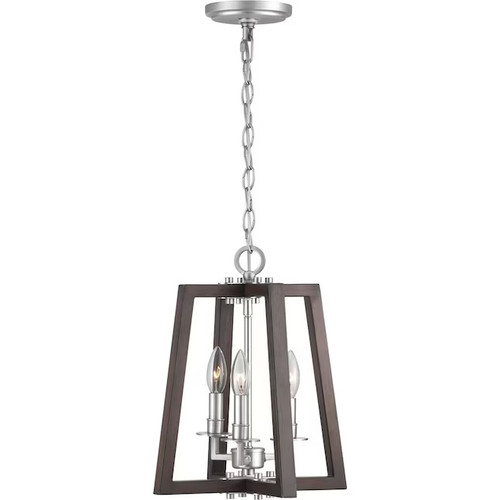 Progress Lighting Forrester 4-Light Teak Wood and Satin Nickel Farmhouse Lantern Led, Medium Hanging Pendant Light