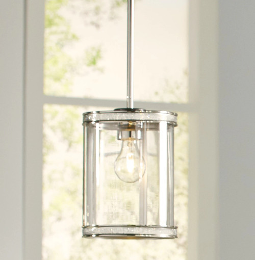 Kichler Angelica Polished Nickel Industrial Clear Glass Cylinder Mini Hanging Pendant Light