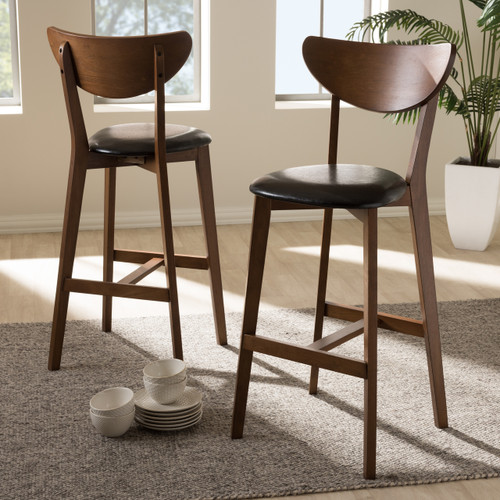 Baxton Studio Eline Mid-Century Modern Black Faux Leather Upholstered Walnut Finished Bar Stool Set