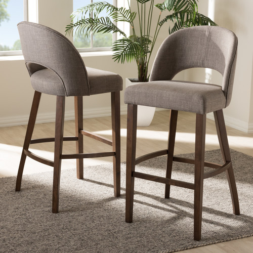 Baxton Studio Melrose Mid-Century Modern Light Grey Fabric Upholstered Walnut Finished Wood Bar Stool Set