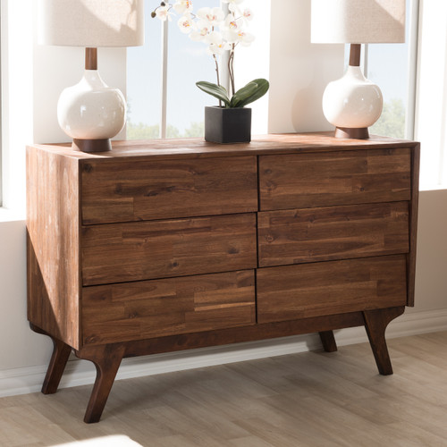 Baxton Studio Sierra Mid-Century Modern Brown Wood 6-Drawer Dresser