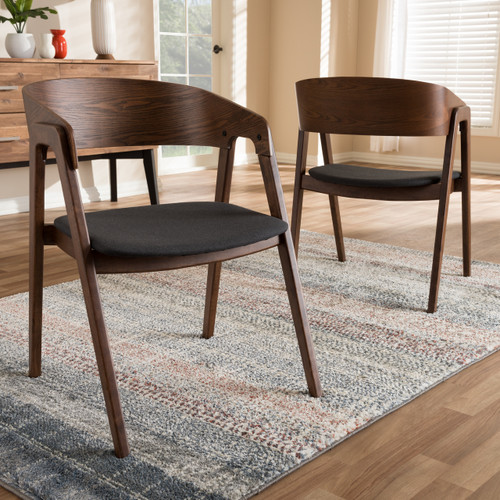 Baxton Studio Tatum Mid-Century Modern Walnut Wood Dark Grey Fabric Dining Chair Set