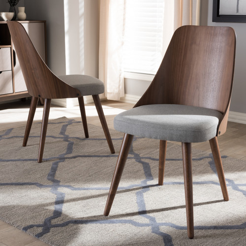 Baxton Studio Romily Mid-Century Modern Walnut Wood Light Grey Fabric Dining Chair Set
