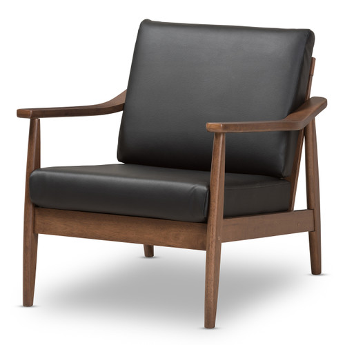 Baxton Studio Venza Mid-Century Modern Walnut Wood Black Faux Leather Lounge Chair