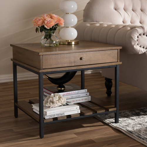 Baxton Studio Newcastle Rustic Industrial Style Oak Brown Finished Wood and Black Finished Metal End Table