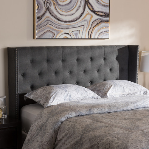 Baxton Studio Ally Modern And Contemporary Dark Grey Fabric Button-Tufted Nail head Winged Headboard