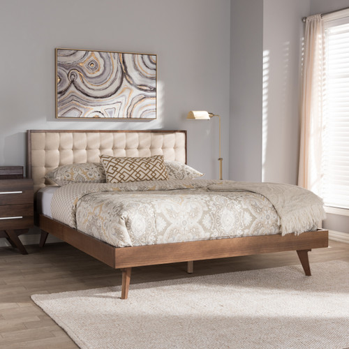 Baxton Studio Soloman Mid-Century Modern Light Beige Fabric and Walnut Brown Finished Wood Platform Bed