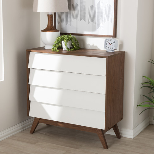 Baxton Studio Hildon Mid-Century Modern White and Walnut Wood 4-Drawer Storage Chest