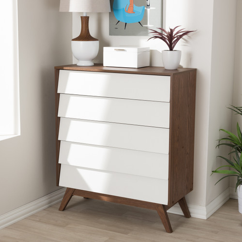 Baxton Studio Hildon Mid-Century Modern White and Walnut Wood 5-Drawer Storage Chest Baxton Studio Hildon Mid-Century Modern White and Walnut Wood 5-Drawer Storage Chest