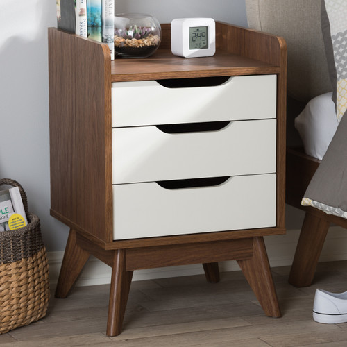 Baxton Studio Brighton Mid-Century Modern White and Walnut Wood 3-Drawer Storage Nightstand