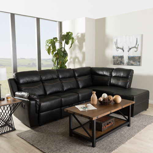 Baxton Studio Roland Modern and Contemporary Black Faux Leather 2-Piece Sectional with Recliner and Storage Chaise