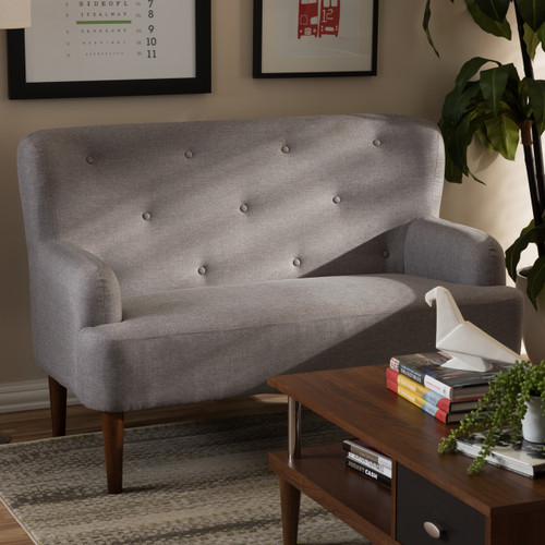 Baxton Studio Toni Mid-Century Modern Light Grey Fabric Upholstered Walnut Wood Button-Tufted 2-Seater Loveseat Settee