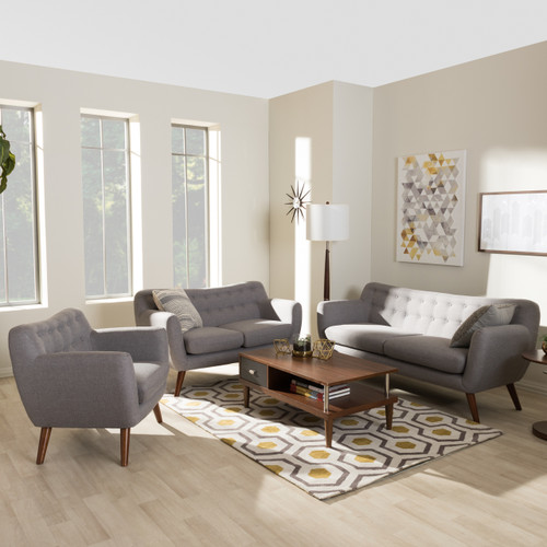 Baxton Studio Harper Mid-Century Modern Light Grey Fabric Upholstered Walnut Wood Button-Tufted 3-Piece Sofa Set